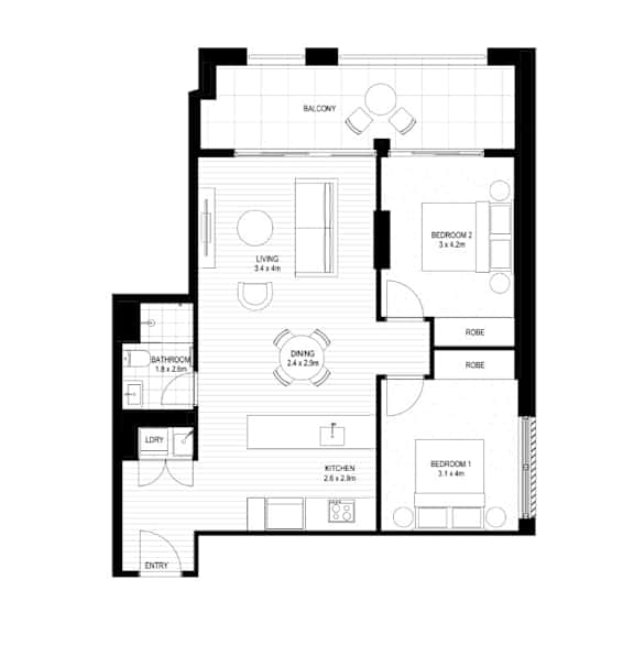 A floor plan of a house with two bedrooms, a living room, a dining room, a kitchen, a bathroom, and a laundry area.