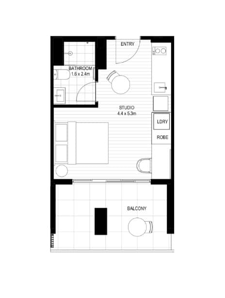 A floor plan of a small apartment with a bathroom, a studio, a dry robe, and a balcony.