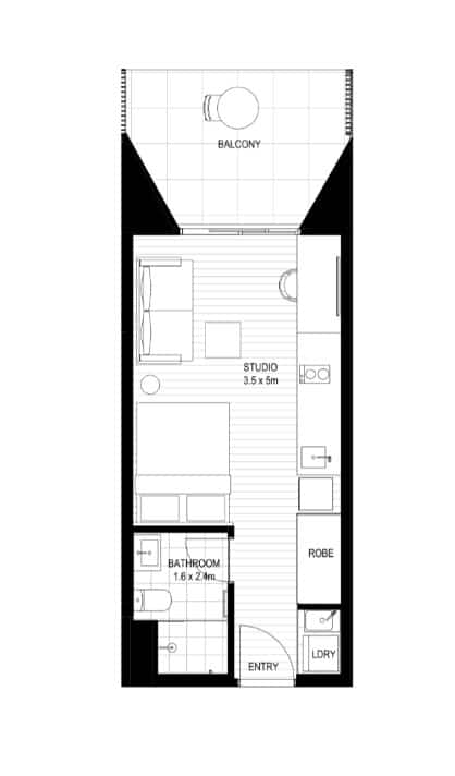 A drawing of a room with a bathroom, a studio, and a robe.