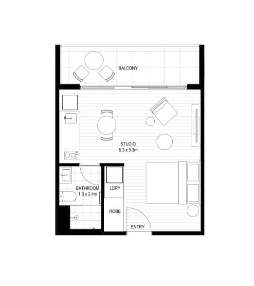 A floor plan of a small apartment with a balcony, bathroom, and living room.