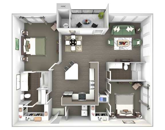 A 3D floor plan of a small apartment with a kitchen, living room, and bedroom.
