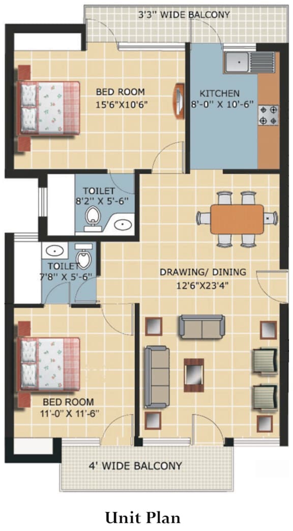 A floor plan of a unit showing a bedroom, a kitchen, a bathroom, and a drawing/dining area.