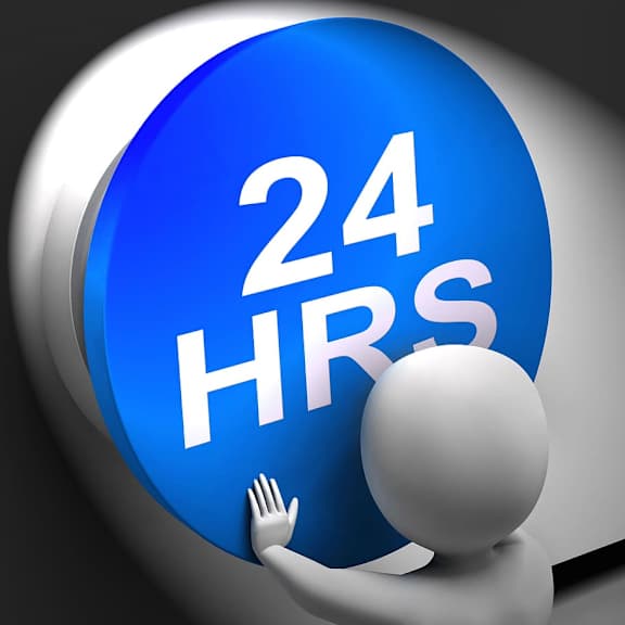A 3D figure pushing a large blue button that says 24 HRS.