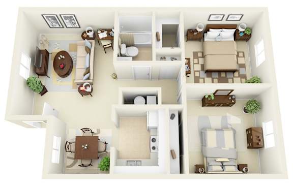 A 3D floor plan of a house with furniture and appliances.