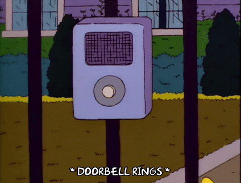 A cartoon of a doorbell with the caption "DOORBELL RINGS" below it.