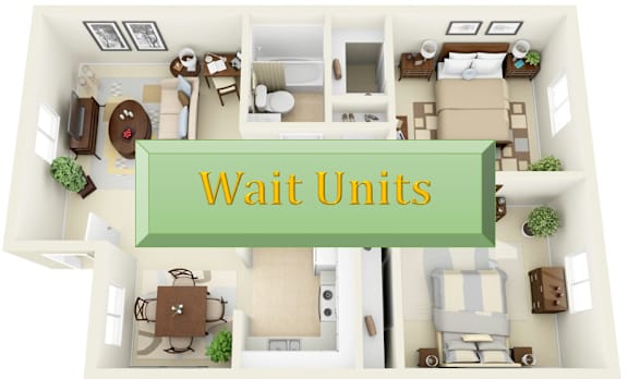A 3D rendered image of a wait unit with a green sign on top.