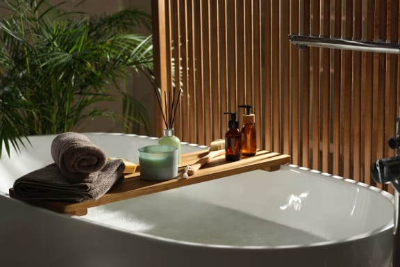 a bathroom with a bath tub with towels and soap and a plant