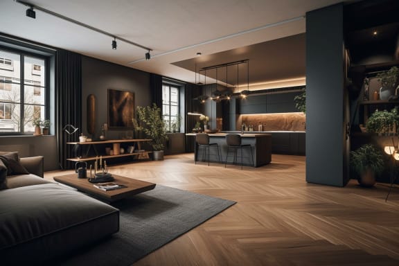a dark living room with a bed and a bedroom