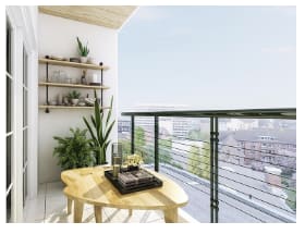 Alt-Modern balcony design, coffee table, green plants and glass railings .