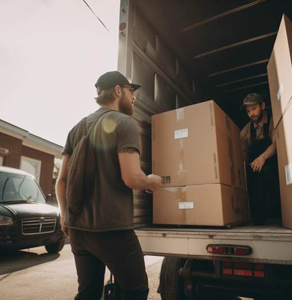 two men loading a box onto a truck
