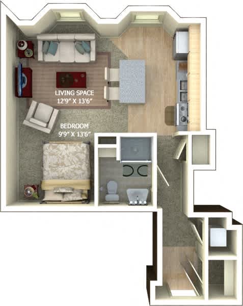 A floor plan of a small apartment with a living space and bedroom.