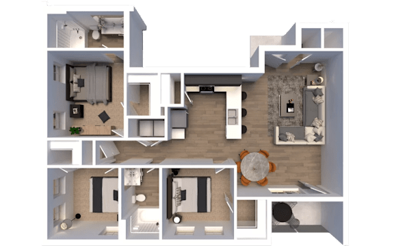 A 3D floor plan of a house with multiple rooms.