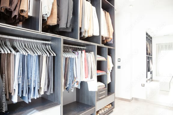 Alt: side view od a large closet with many clothes in display