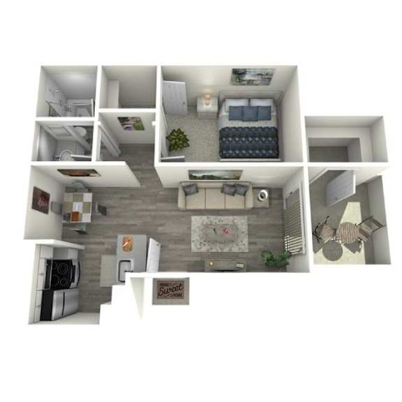 A 3D floor plan of a small apartment with a kitchen, living room, and bedroom.