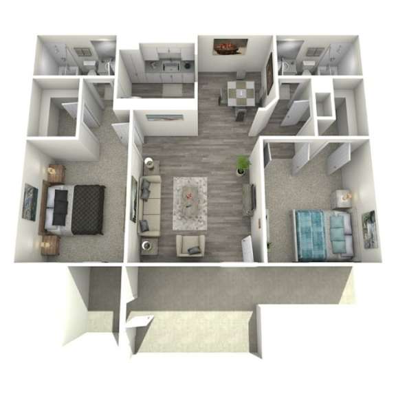 A 3D rendered image of a small apartment layout.