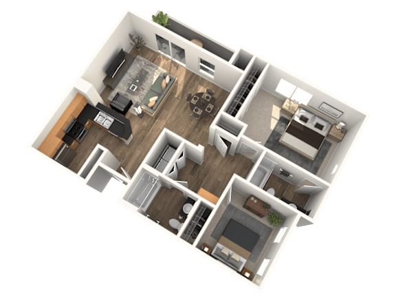 A 3D floor plan of a house with multiple rooms and furniture.
