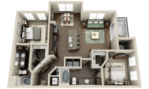 a 3d floor plan of a house with a bedroom and a living room