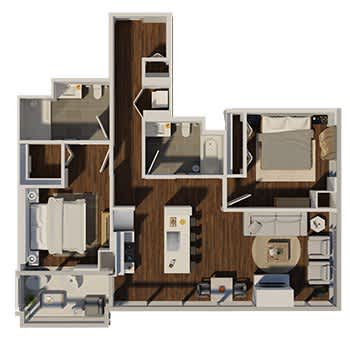 A floor plan of a small apartment with a kitchen, living room, and bathroom.