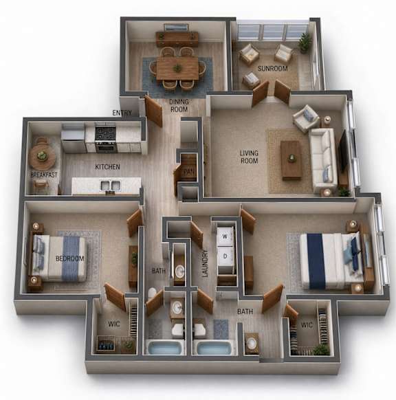 A 3D floor plan of a house showing the layout of the rooms.