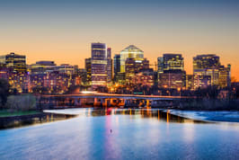 Austin, Texas- Panoramic cityscape and Colorado River against the sunset sky