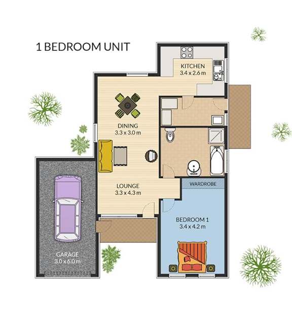 A floor plan of a one-bedroom apartment with a garage.