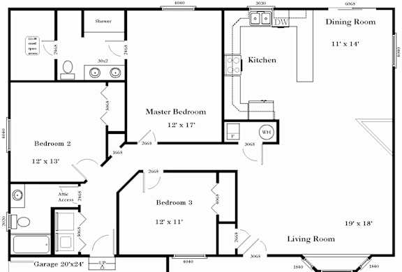 A floor plan of a house with a master bedroom, two additional bedrooms, a living room, a dining room, a kitchen, and a garage.