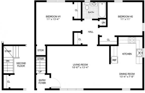 A floor plan of a house with two bedrooms, a living room, a dining room, a kitchen, a staircase, a second floor, and an entry foyer.
