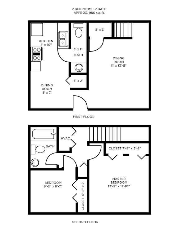 A floor plan of a two bedroom, two bath apartment with a first and second floor.