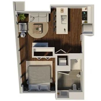 A floor plan of a small apartment with a kitchen, living room, and bathroom.
