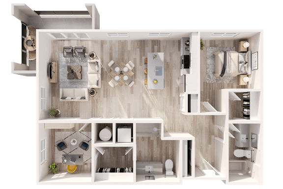A 3D floor plan of a house with a kitchen, living room, and bathroom.