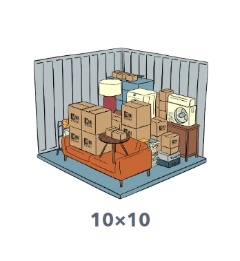 A cartoon image of a storage room with boxes and a couch.