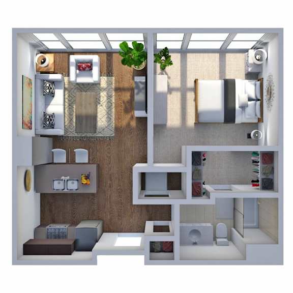 A 3D rendered image of a small apartment layout.