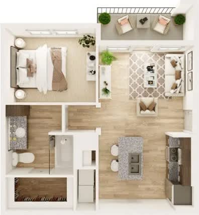 A top-down view of a modern apartment layout with a living room, kitchen, and bathroom.