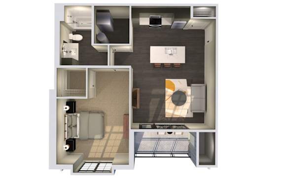 A floor plan of a small apartment with a kitchen, living room, and bathroom.
