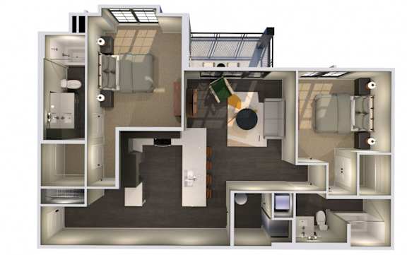 A 3D floor plan of a house with a kitchen, living room, and bathroom.