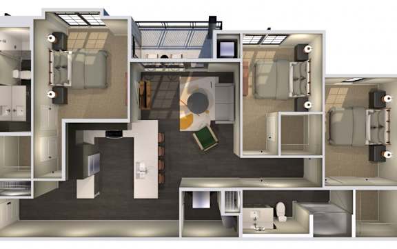 A 3D rendered image of a modern house interior.