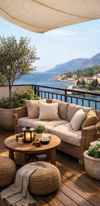 A patio with a couch, table, and a view of the sea.