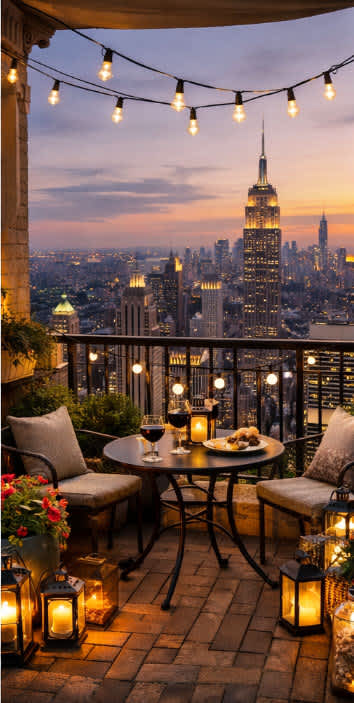 A table set for two with a view of the city skyline at dusk.