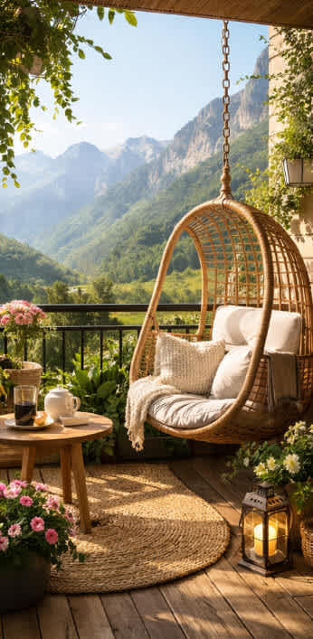 A hanging chair is suspended from a porch swing.