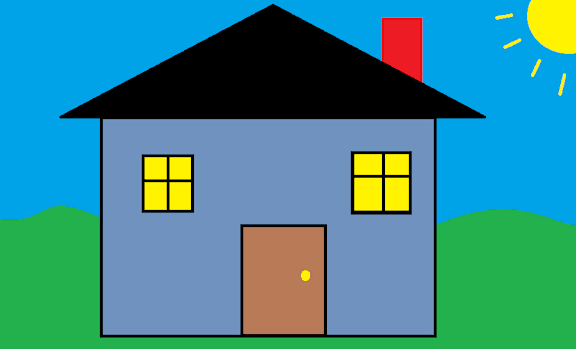 A house with a brown door and two windows is depicted.
