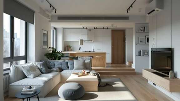 A modern living room with a white sofa, a grey ottoman, and a wooden coffee table.