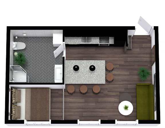 A top-down view of a modern living room with a dining area and kitchen.