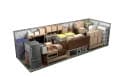 A 3D rendering of a room with furniture and appliances.
