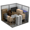 A 3D image of a cluttered room with a TV, chairs, and cabinets.