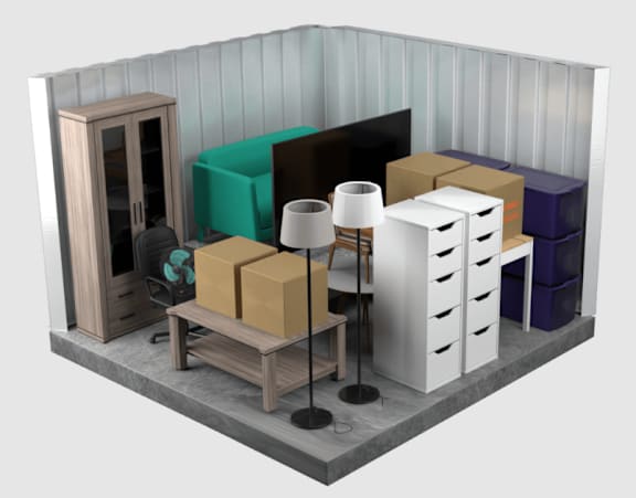 A room with a cabinet, a chair, a table, and a lamp.