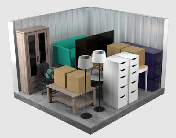 A room with a cabinet, a chair, a table, and a lamp.