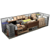 A 3D rendered image of a warehouse with various items on shelves.