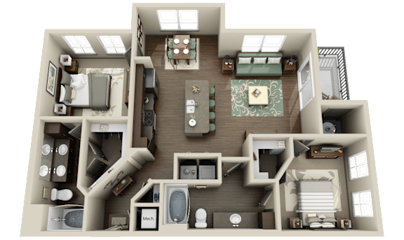 A 3D floor plan of a house with multiple rooms and furniture.