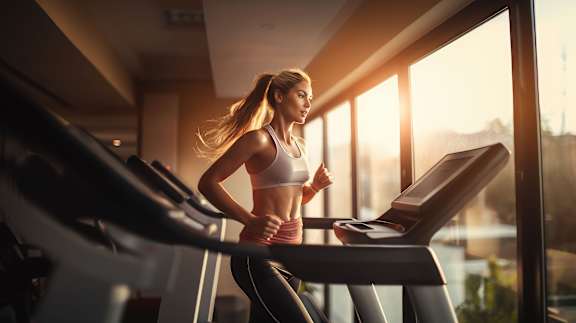 A woman is running on a treadmill in a gym.