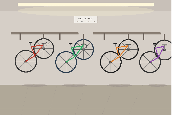 A diagram shows a bike rack with six bicycles, each with a different colored wheel lock.